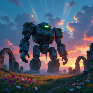 A colossal, ancient robot, overgrown with moss and vines, stands dormant.jpg