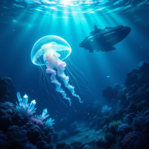 A solitary, bioluminescent jellyfish drifts through the abyssal depths.jpg
