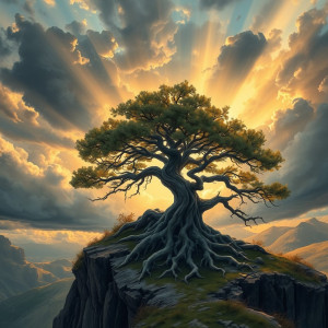 A majestic, ancient oak tree, its roots intertwined with the skeletal remains.jpg