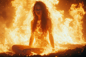 Beautiful naked woman engulfed in roaring flame inside active volcano - P1.jpg