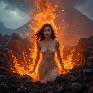 Beautiful woman engulfed in roaring flame inside active volcano.png