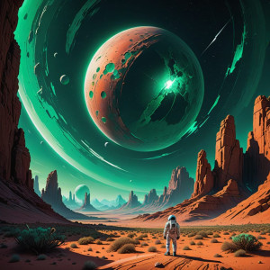 A lone astronaut gazes at a fractured, crystalline moon.jpg