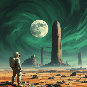 A lone astronaut gazes at a fractured, crystalline moon - JFL.jpg