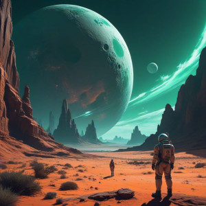 A lone astronaut gazes at a fractured, crystalline moon - МXL.jpg