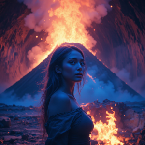 Beautiful woman engulfed in roaring flame inside active volcano - PL1.png