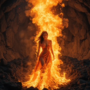 Beautiful woman engulfed in roaring flame inside active volcano - PL2.png
