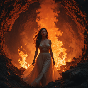 Beautiful woman engulfed in roaring flame inside active volcano - PL3.png