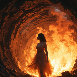 Beautiful woman engulfed in roaring flame inside active volcano - PL4.png
