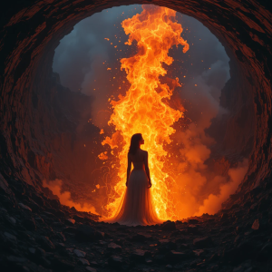 Beautiful woman engulfed in roaring flame inside active volcano - PL5.png