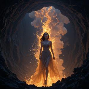 Beautiful woman engulfed in roaring flame inside active volcano - PL6.png