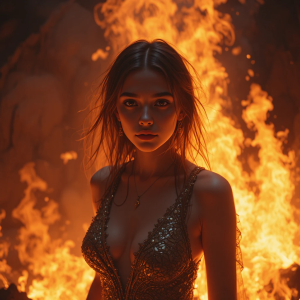 Beautiful woman engulfed in roaring flame inside active volcano - PL7.png