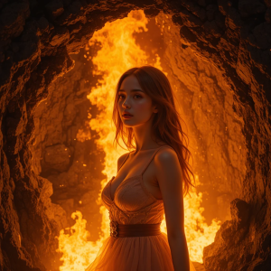 Beautiful woman engulfed in roaring flame inside active volcano - PL8.png