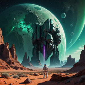 A lone astronaut gazes at a fractured, crystalline moon - Е4.jpg