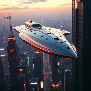 A sleek, chrome-plated spaceship hovers above a bustling, futuristic metropolis.jpg