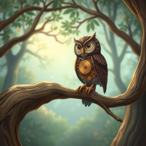 A whimsical clockwork owl perches on a gnarled, ancient tree.jpg
