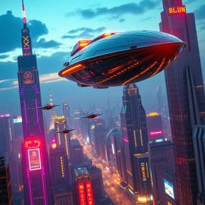 A sleek, chrome-plated spaceship hovers above futuristic metropolis.jpg