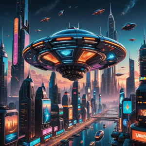 A sleek, chrome-plated spaceship hovers above futuristic metropolis - DXL.jpg
