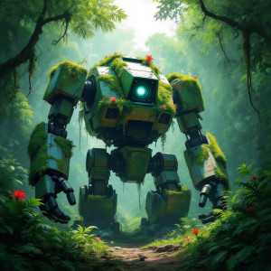 A colossal, moss-covered robot sits dormant amidst a vibrant jungle.jpg