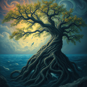 A majestic, ancient tree with roots that delve into a vast, submerged ocean,.jpg