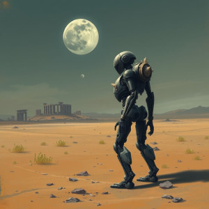 A lone, weathered robot stands on a desolate, windswept plain.jpg