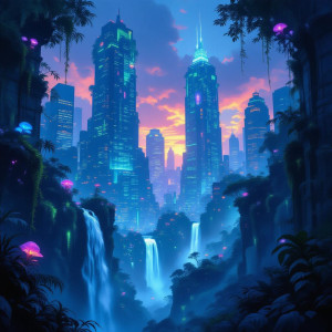 A forgotten city, consumed by a vibrant, bioluminescent jungle.jpg