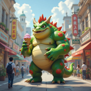 In the heart of a bustling, sun-drenched metropolis, a monstrous, multi-limbed creature.jpg