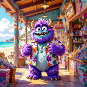 A fluffy, purple, multi-eyed monster is trying on a ridiculous Hawaiian shirt.jpg