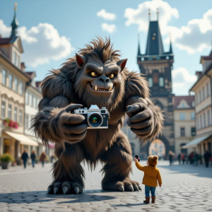 A hulking, furry beast with gentle eyes is attempting to take a selfie.jpg