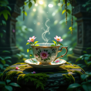 An ancient, overgrown teacup rests on a moss-covered stone altar.jpg