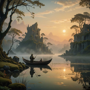 A lone fisherman casts his line into a vast, mist-shrouded lake.jpg