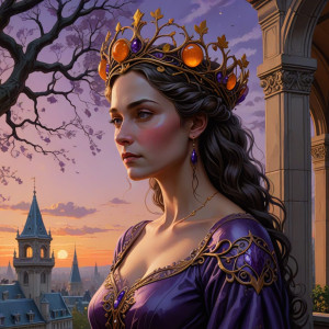 A regal queen, her crown fashioned from intertwined branches of a mythical tree.jpg