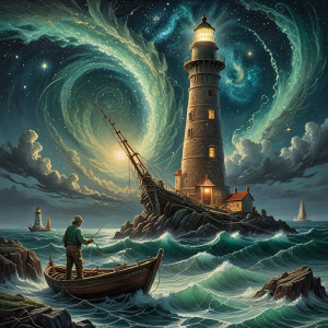 A fisherman's weathered hands mend a net woven from starlight and seafoam.jpg