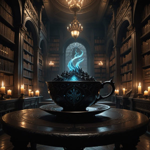 An opulent teacup, crafted from obsidian and inlaid with glowing runes.jpg
