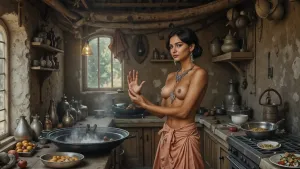 Голая готовит на старой кухне - 2.webp