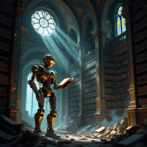 A solitary, ancient automaton stands amidst the ruins of a colossal, forgotten library.jpg