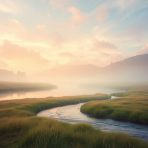 A serene landscape where a gentle river flows through a meadow.jpg