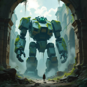 A colossal ancient robot, overgrown with moss and vines.jpg
