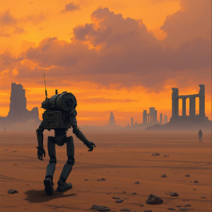 A lone, weathered robot traverses a desolate, wind-swept plain.jpg