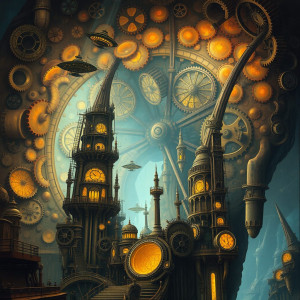 An intricate, clockwork city built within a colossal, decaying geode.jpg