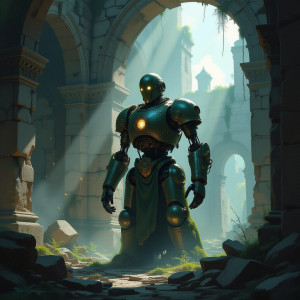 An ancient, moss-covered automaton stands sentinel amidst the crumbling ruins.jpg