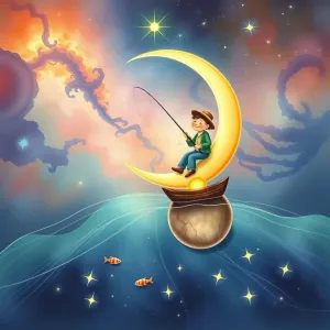 A whimsical illustration of a fisherman casting his line into a celestial river.webp