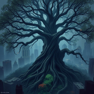 A colossal, ancient tree with roots that weave through a cityscape.jpg