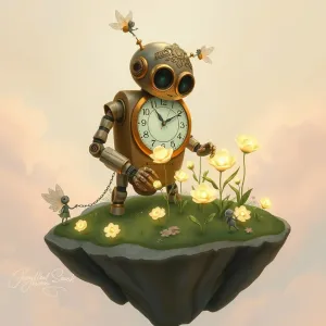 A whimsical clockwork robot, adorned with delicate filigree.webp