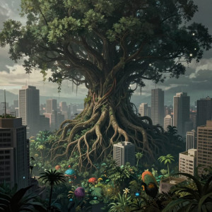 A colossal, ancient tree with roots that weave through a cityscape - Z.jpg