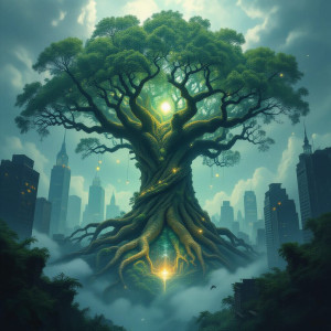 A colossal, ancient tree with roots that weave through a cityscape - Н11.jpg