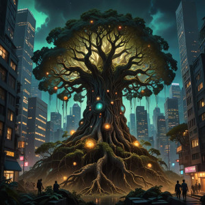 A colossal, ancient tree with roots that weave through a cityscape - DXL.jpg