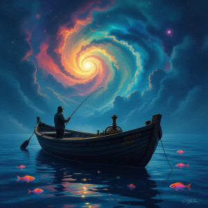 A lone fisherman casting his line into a cosmic ocean under a sky.jpg