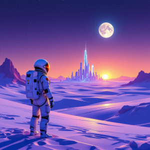 An astronaut stands on a vast, crystalline desert planet, gazing at a city.jpg