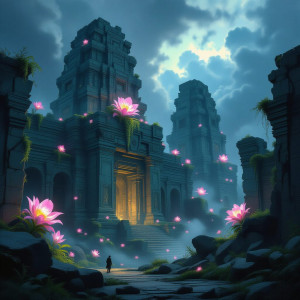 A colossal, ancient stone city, partially reclaimed by nature.jpg