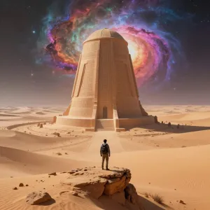 A lone explorer stands on the precipice of a vast, alien desert.webp